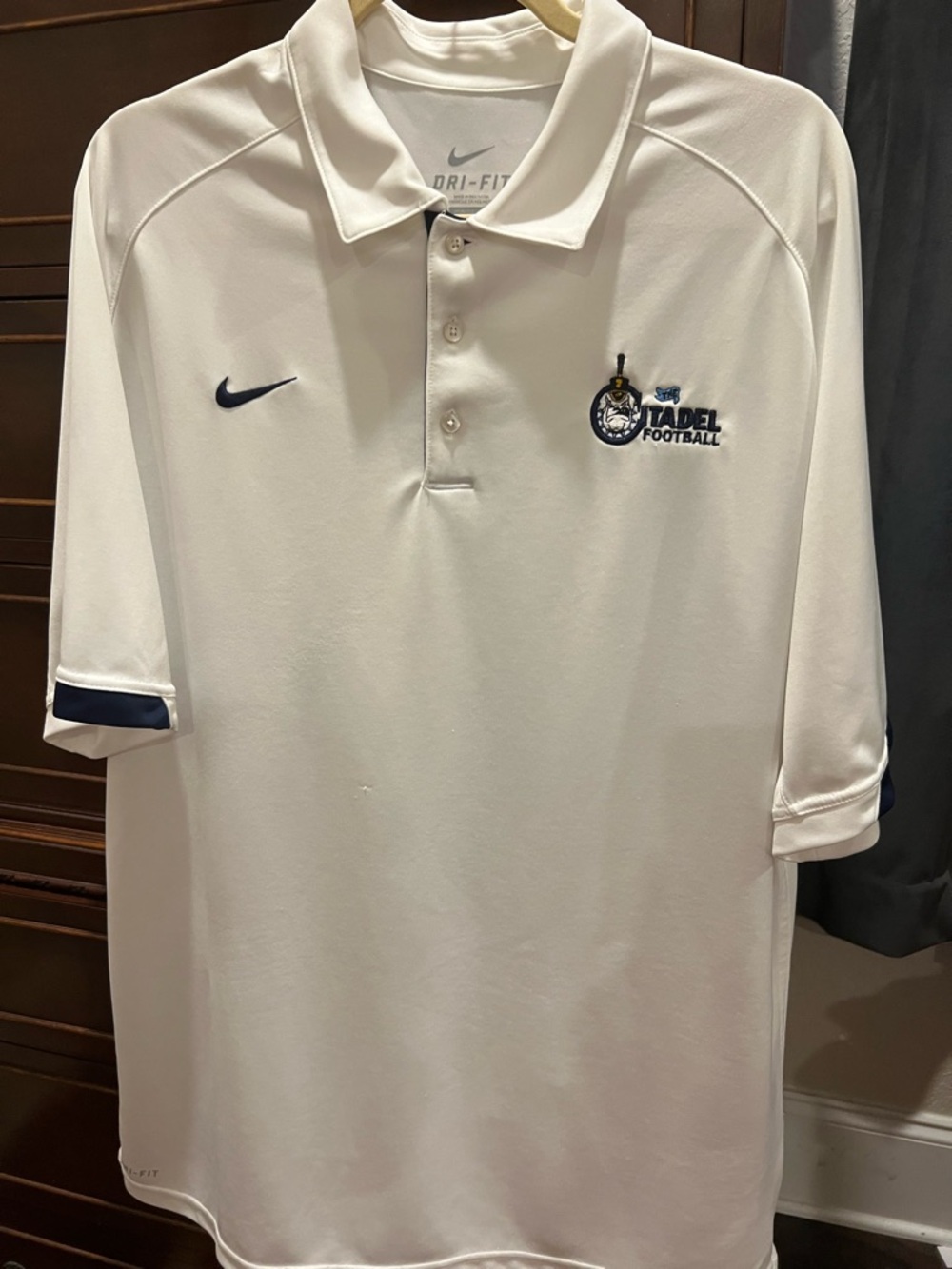 Nike White Polo with Navy Citadel Football Logo